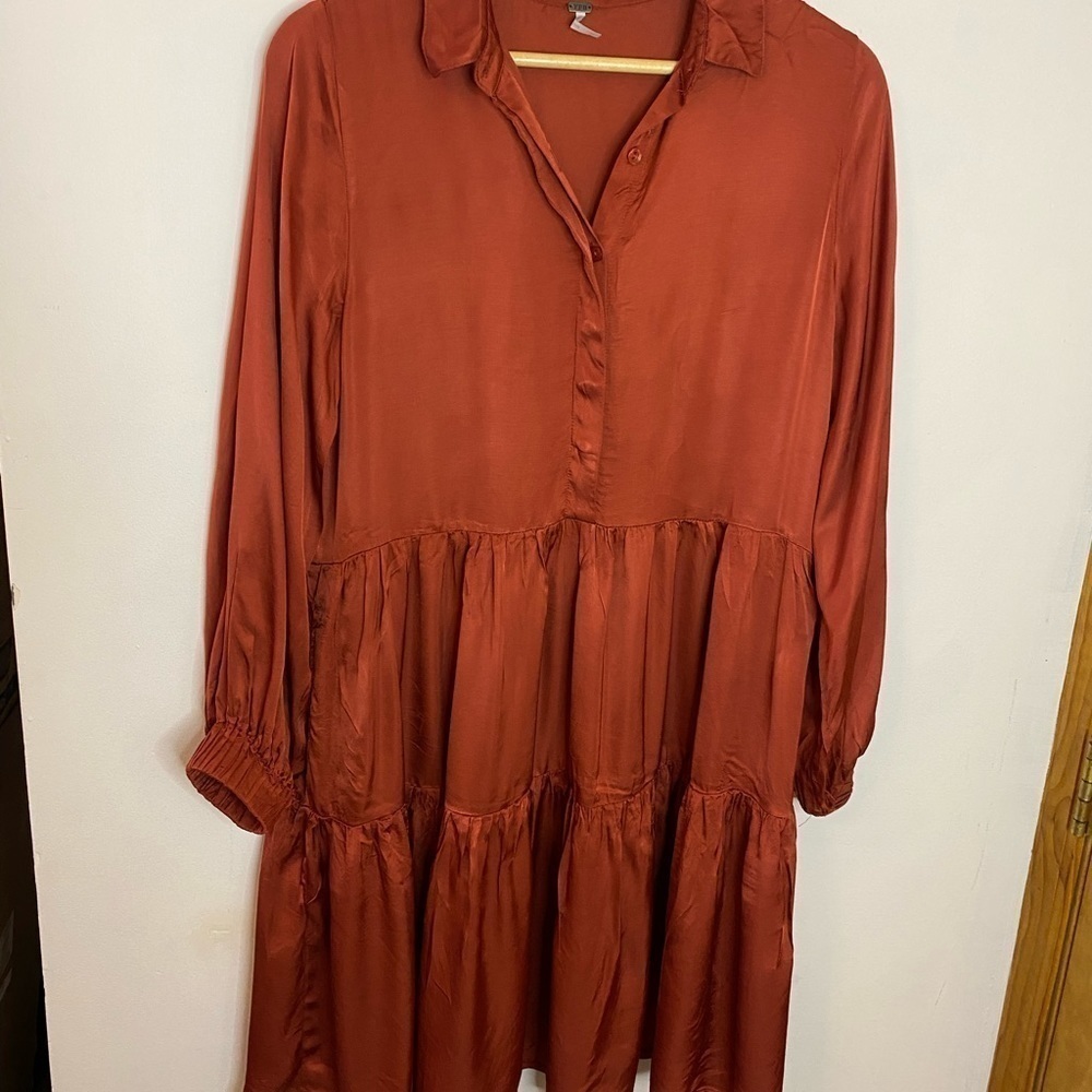 Young Fabulous and Broke Copper Satin Tiered Babydoll Shirt Dress